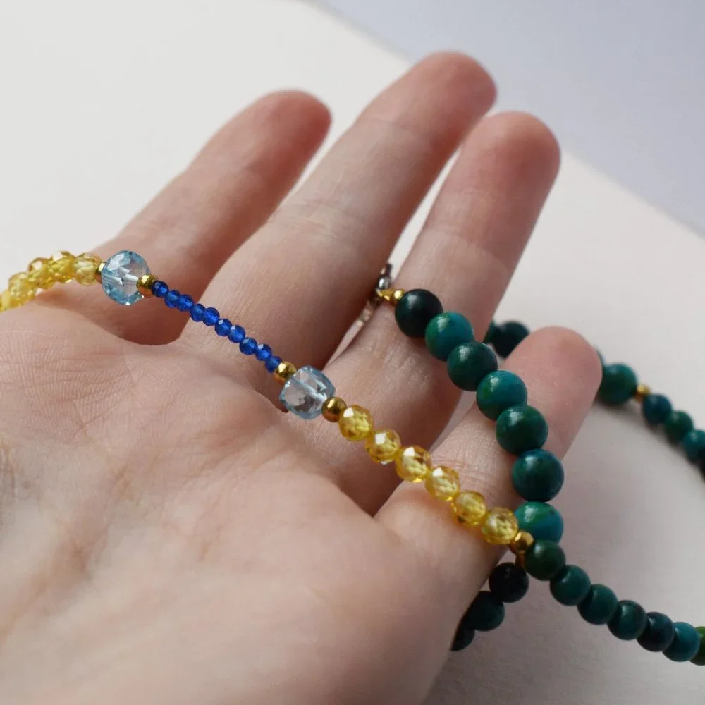 Colorful multi stone bead necklace short, unusual tiny gemstone crystal choker